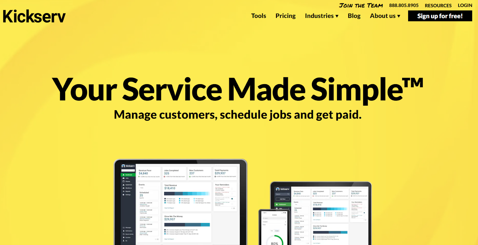 Kickserv tagline banner, “Your service made simple”