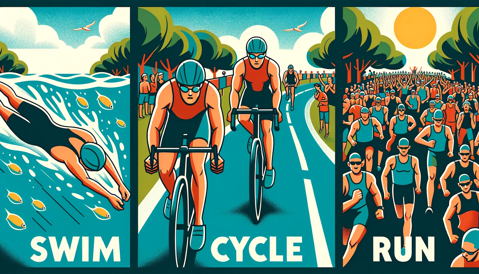 Illustration showcasing the three segments of a sprint triathlon: A swimmer cutting through clear blue waters, a cyclist speeding on a curvy road with trees on the side, and a runner pushing towards the finish line with cheering crowds on both sides. The words 'Swim', 'Cycle', and 'Run' are prominently displayed above each respective segment.