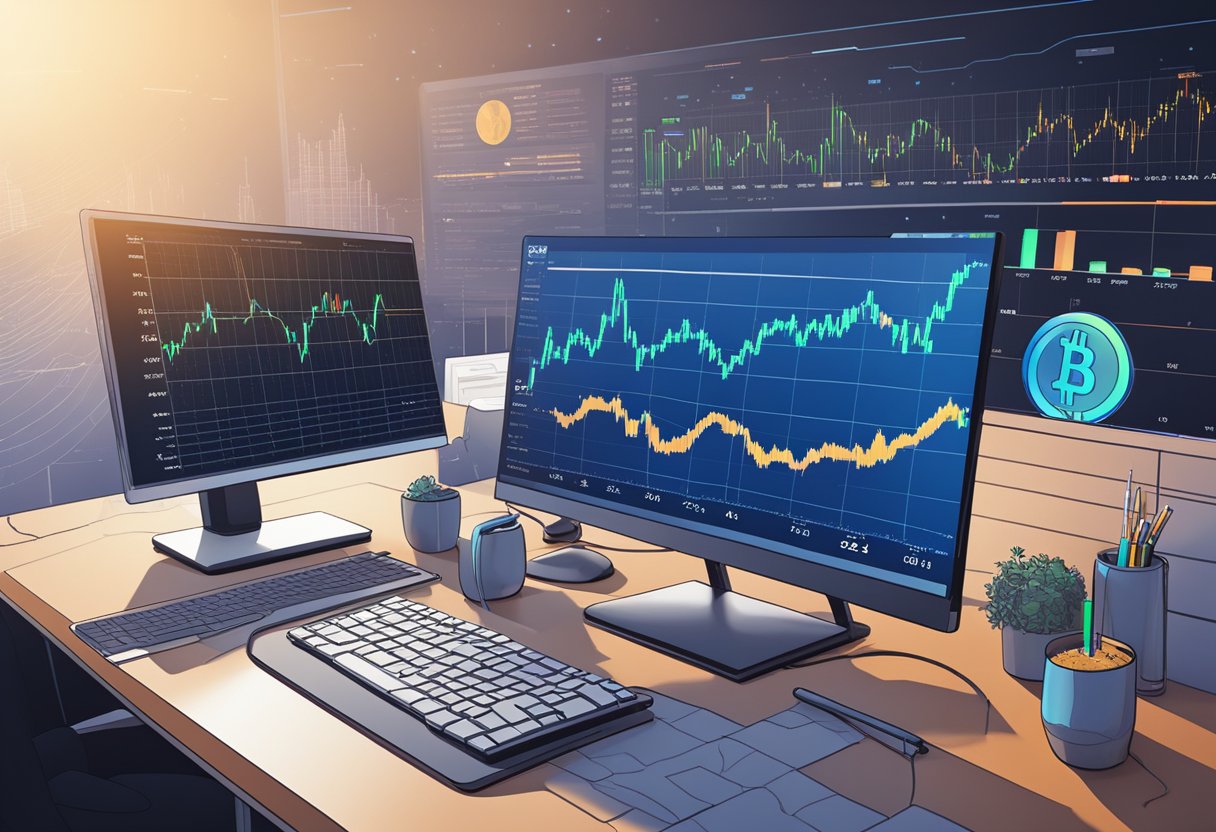 A computer screen displays Ana Cryptocurrency logo and price chart. Multiple graphs and data are visible in the background