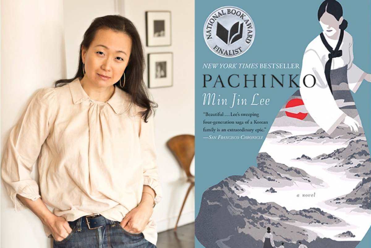 Min Jin Lee beside her book titled Pachinko