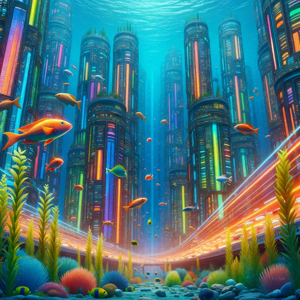 Photo of a vibrant underwater city where luminous buildings stand tall and intertwine with each other. Fish of various colors and sizes swim gracefully between the structures, creating a lively aquatic traffic. Seaweed forests rise from the seabed, their leaves swaying with the current, and giving shelter to smaller marine creatures.