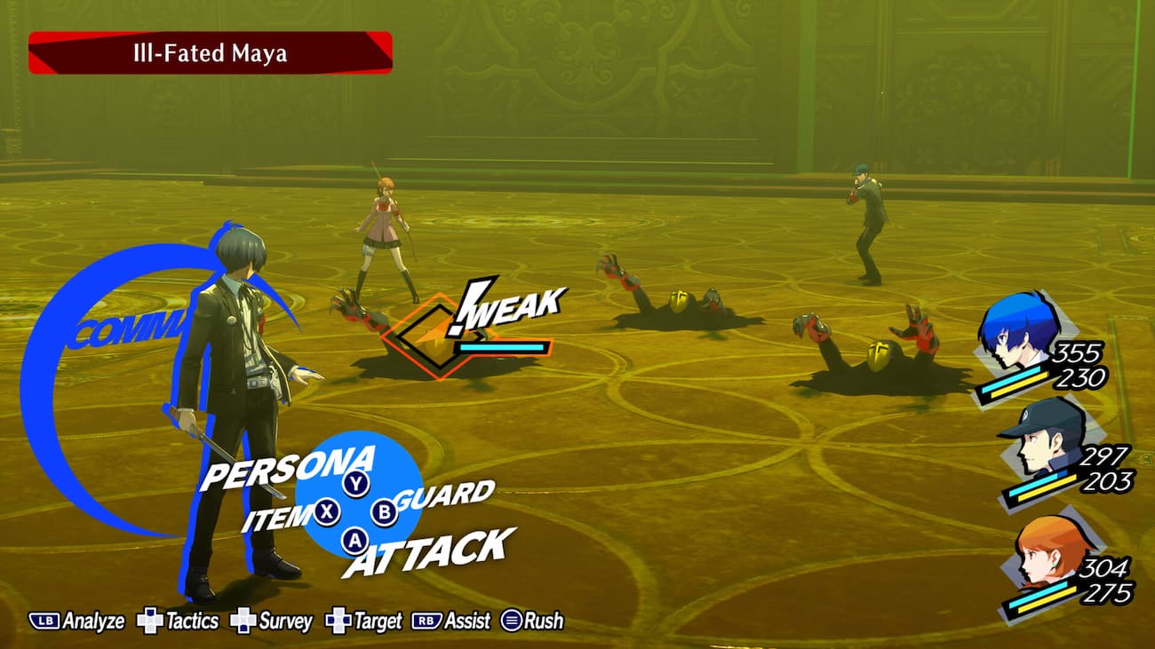 In game screenshot of the main characters engaging in a battle from Persona 3 Reload.