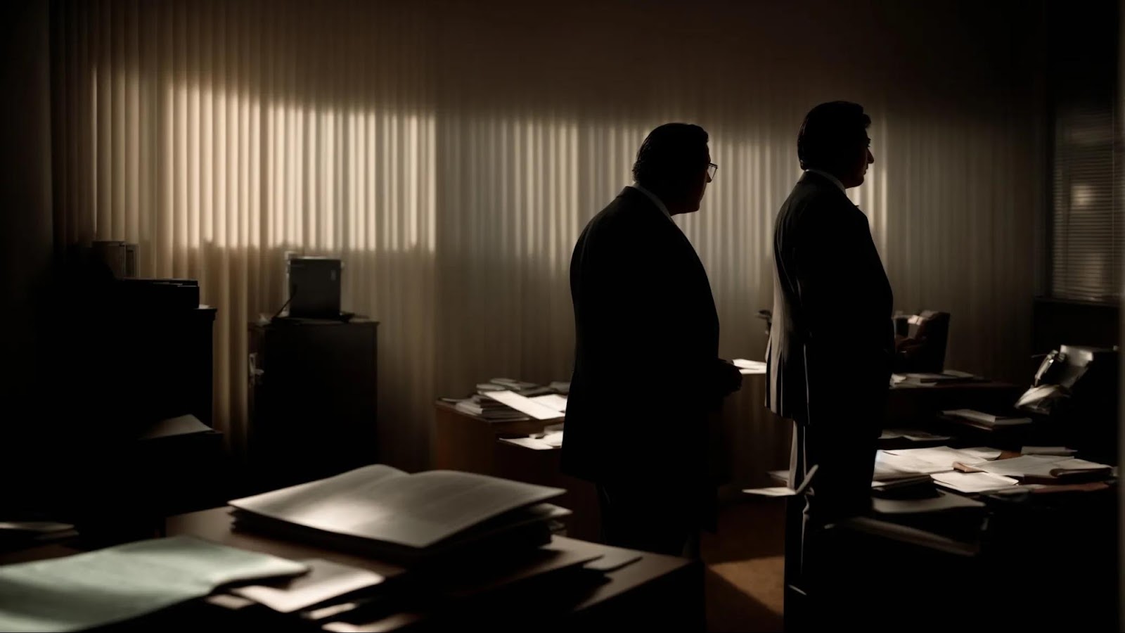 a silhouette of a worried patient conversing with an attorney in a dimly lit office, with thick legal books and medical records scattered around.