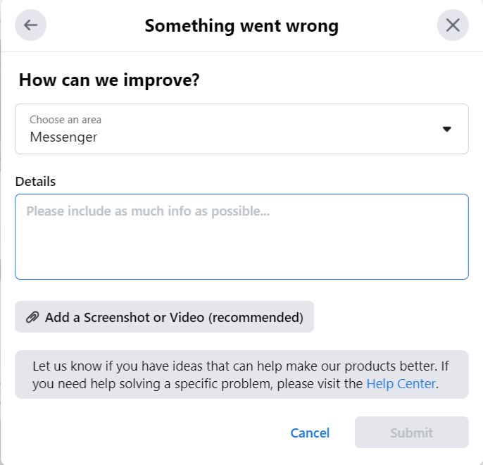 Choosing which Facebook feature you're experiencing issues