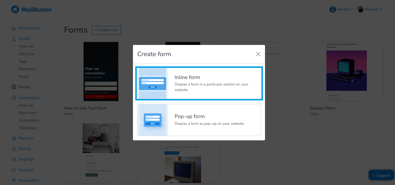 Create form popup selection box in MailBluster