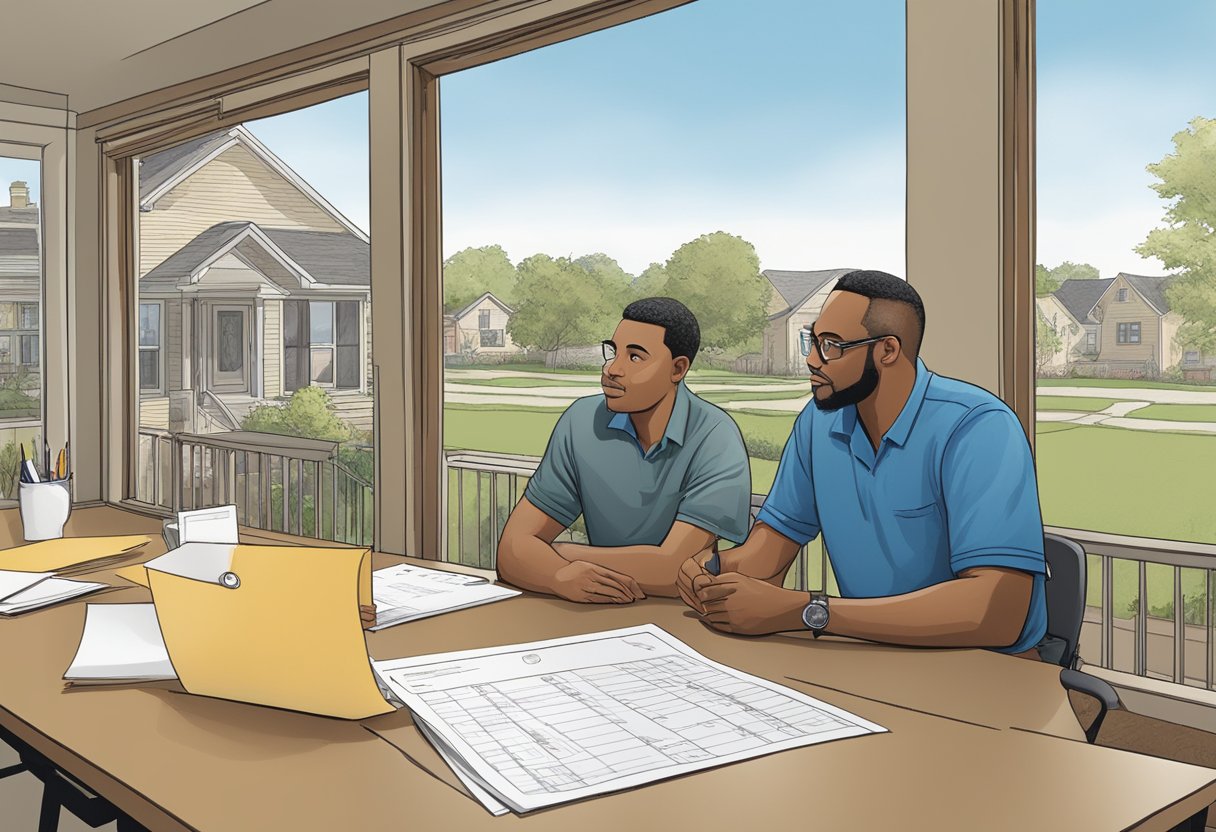 A homeowner sits at a table with a list of questions, while a contractor stands nearby, ready to answer. The Joliet skyline is visible through a nearby window, emphasizing the location of the roofing project