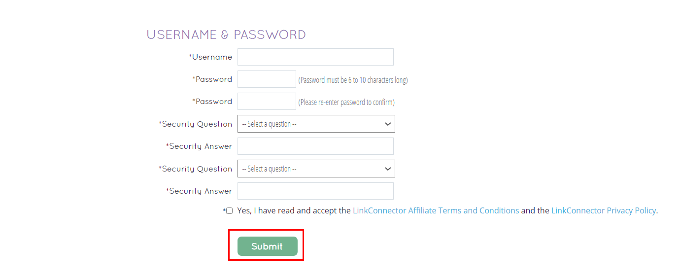 LinkConecctor affiliate network username and password creation  page