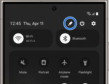 Pencil icon highlighted in Quick settings panel