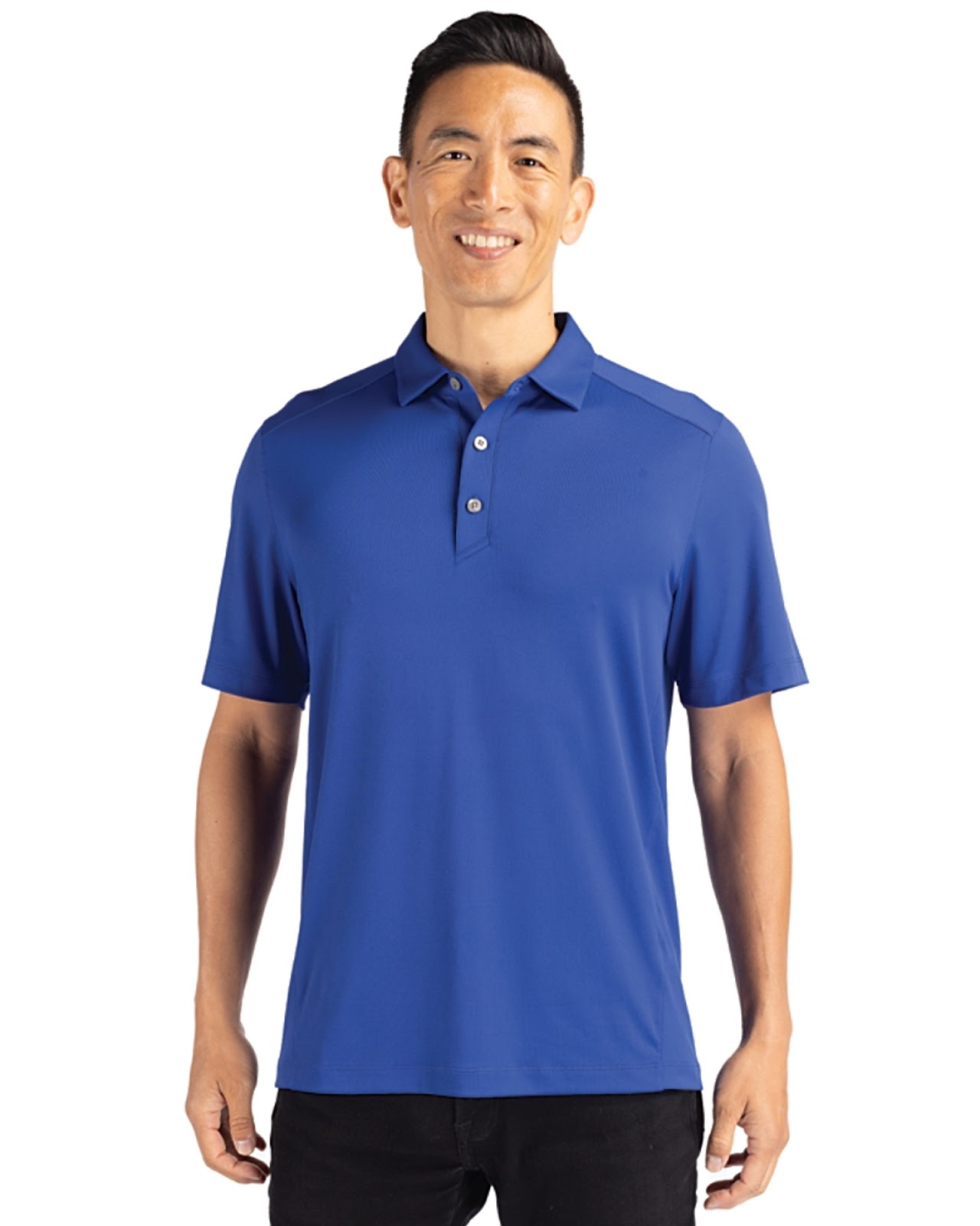 Man wearing Cutter & Buck Forge Eco Stretch Recycled Mens Big & Tall Polo in Tour Blue