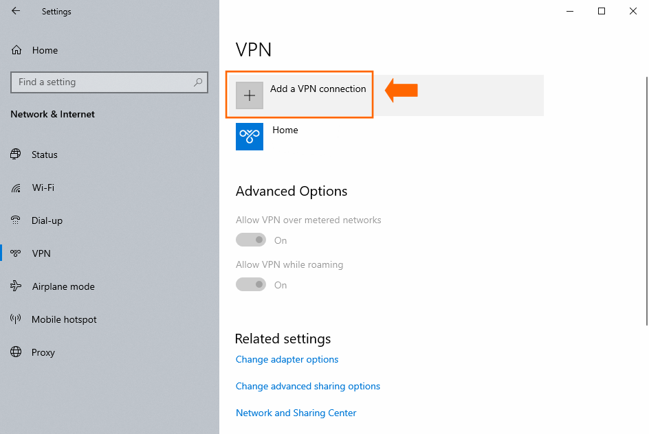 Windows VPN settings screen with Add a VPN connection highlighted.