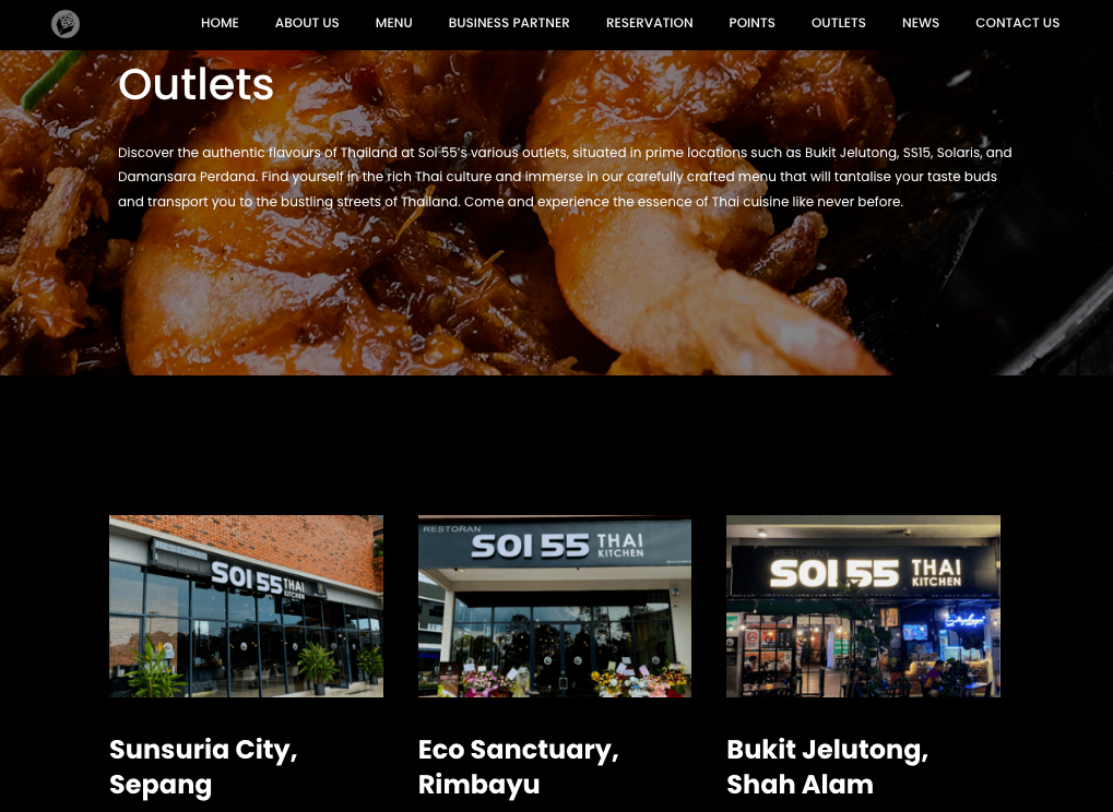 SOI 55 outlet page displays the location details for all of its restaurants
