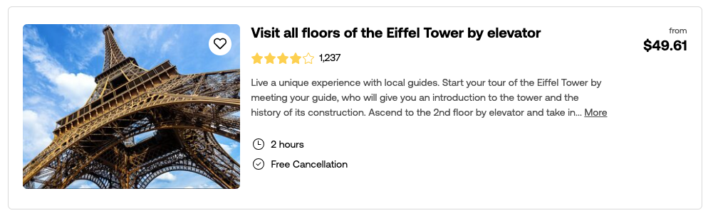 screenshot of eiffel tour booking for tour on Viator