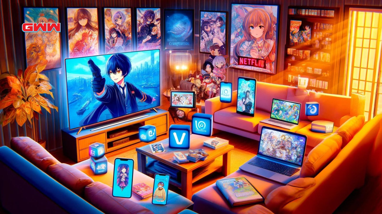 A dynamic and vibrant scene showing various platforms where dubbed anime can be watched in English