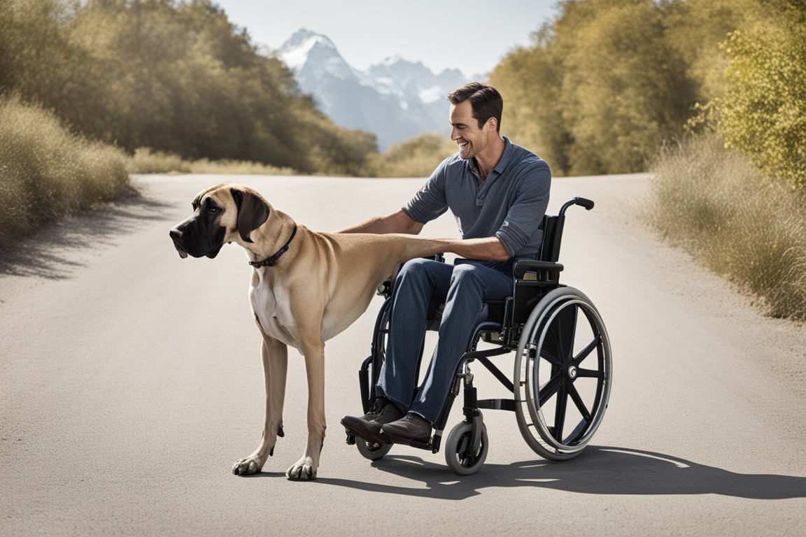 A Great Dane assisting a person in a wheelchair