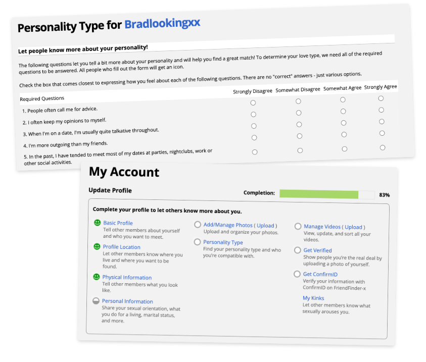 FriendFinder X personality and acount completion percentage sections.