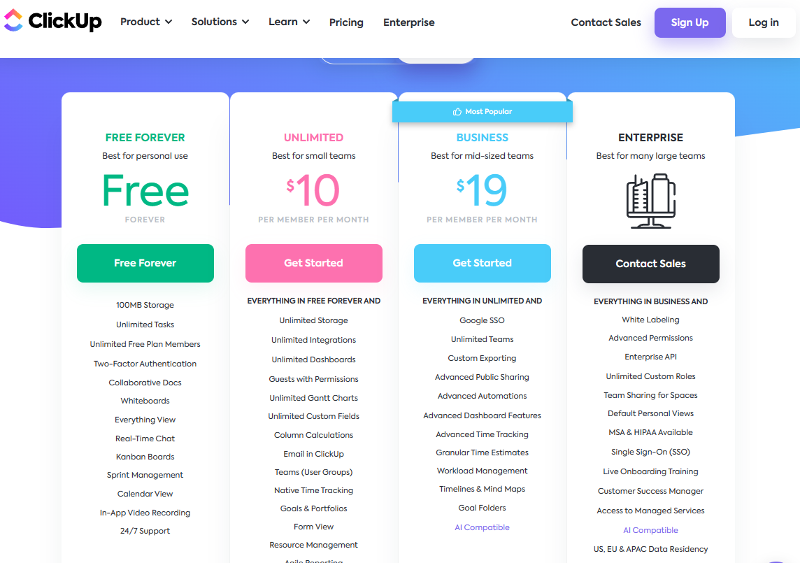 Pricing Plans for ClickUp