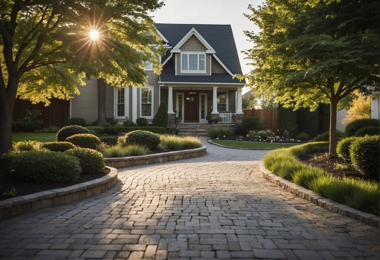 A freshly paved driveway and walkway lead up to a well-maintained home with manicured landscaping and inviting exterior features