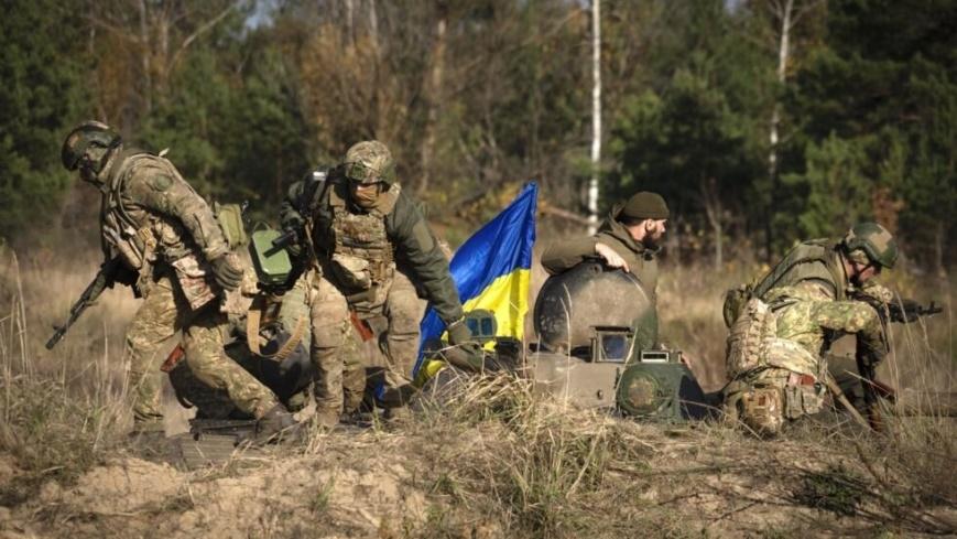 Soldiers of Ukraine's National Guard 1st Brigade hold combat training in northern Ukraine on Friday, Nov. 3, 2023.