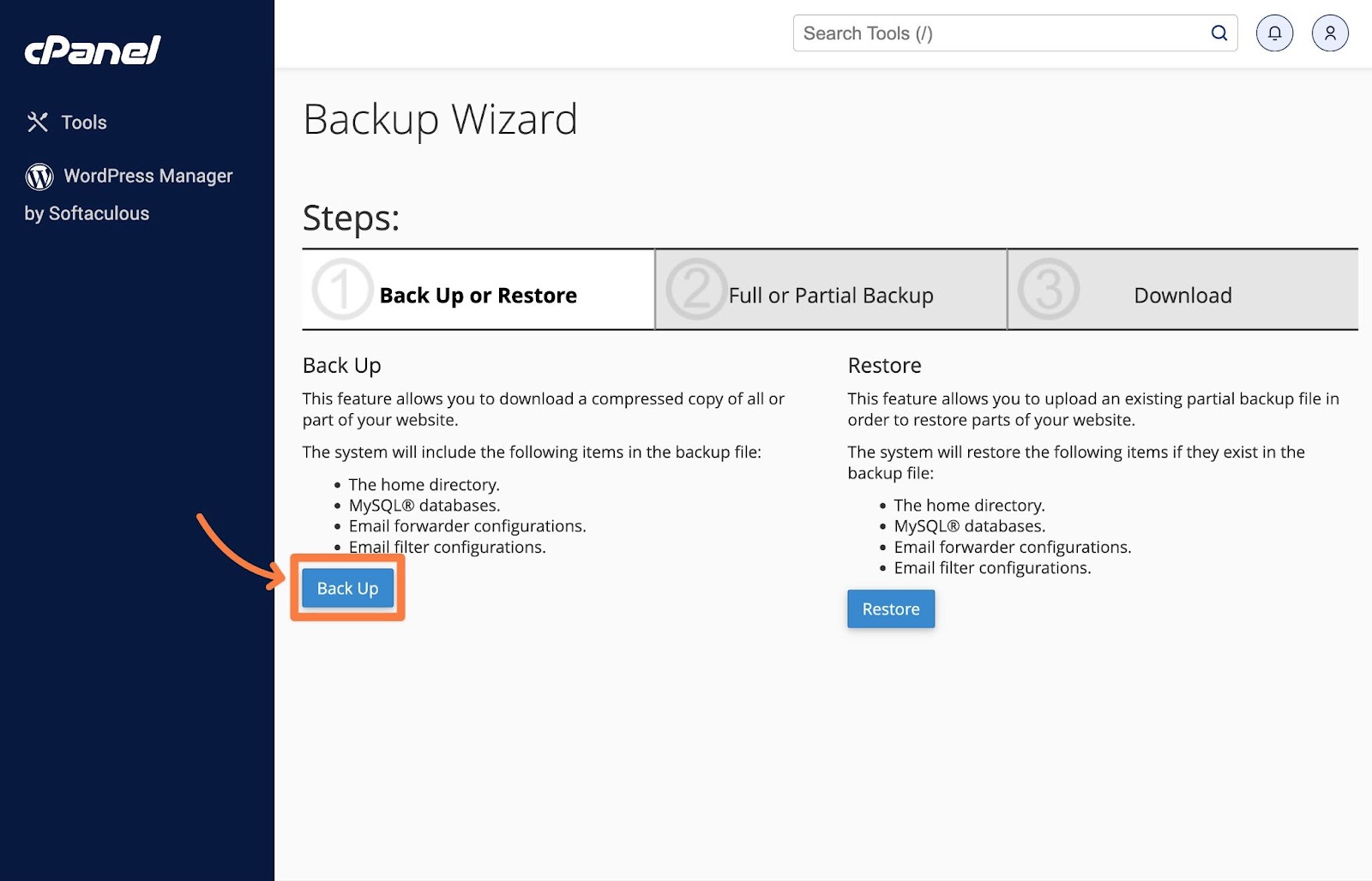 How to start a backup in cPanel Backup Wizard.