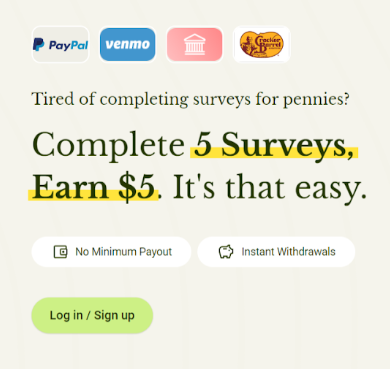 The Five Surveys website encouraging new users to sign up with their offers of $5 for completing 5 surveys, no minimum payout, and instant withdrawals. 