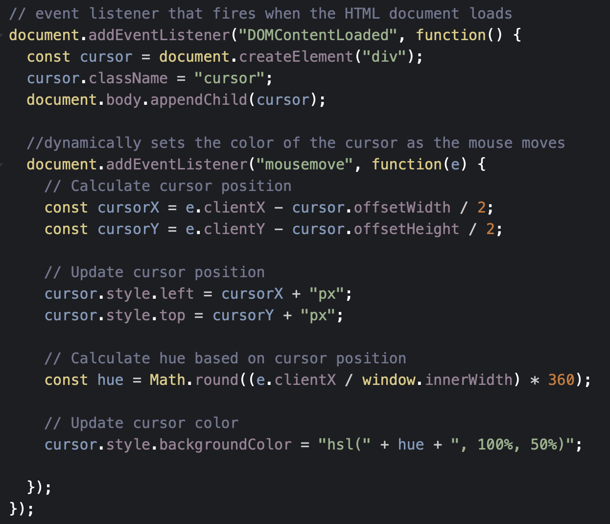 html cursor code with javascript