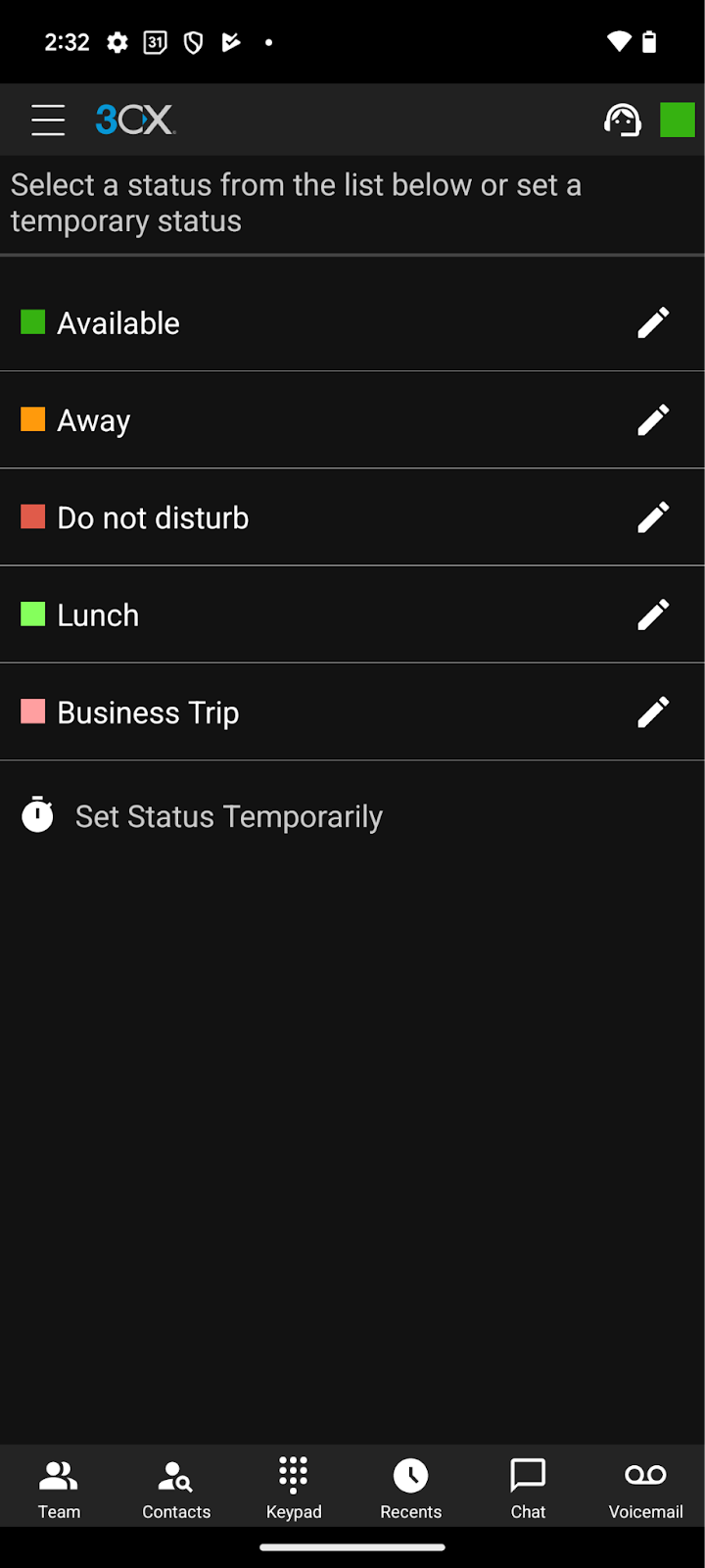3CX Android app - Defina seu Status