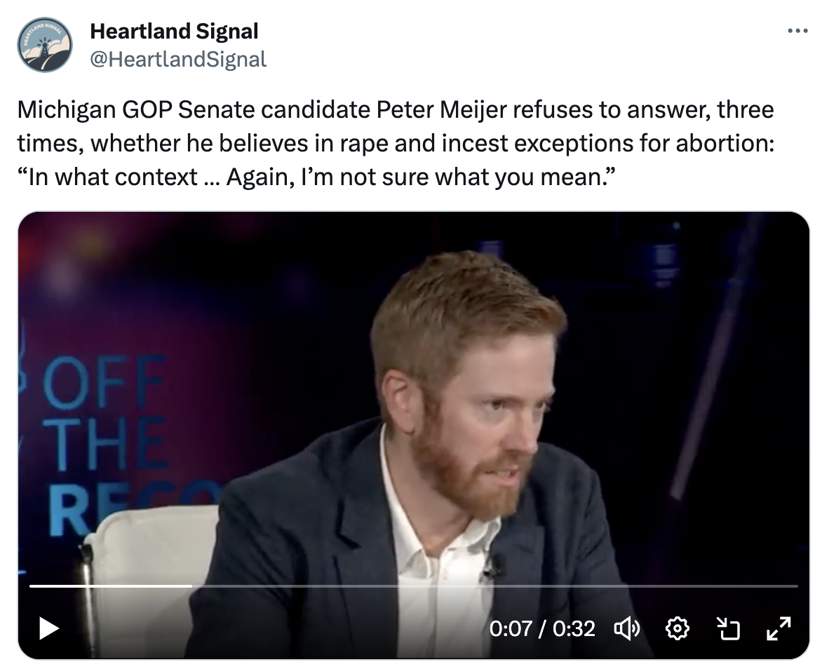 Heartland Signal tweet about Peter Meijer's refusal to answer if he believes in rape and incest exceptions for abortion. 
