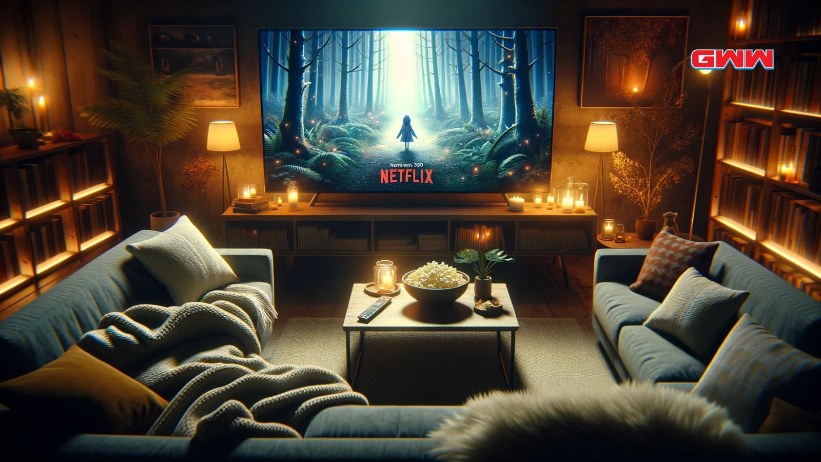 Cozy living room scene at night, designed to evoke the theme of watching a series like 'Frieren' on Netflix