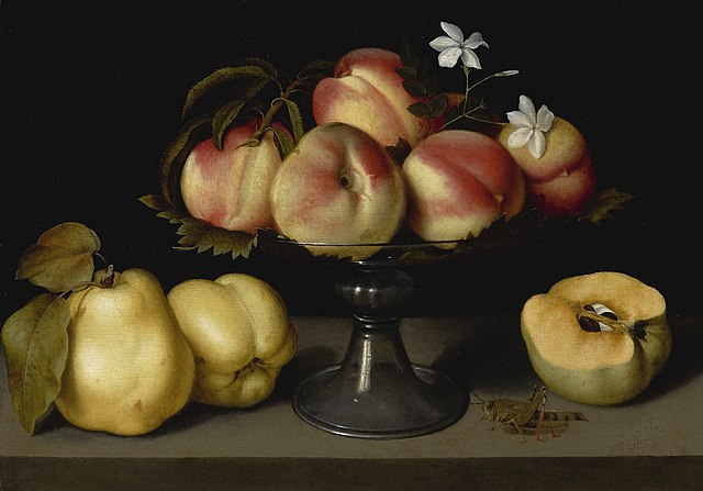 Fede Galizia’s “Peaches in a Glass Bowl with Quinces and Grasshopper