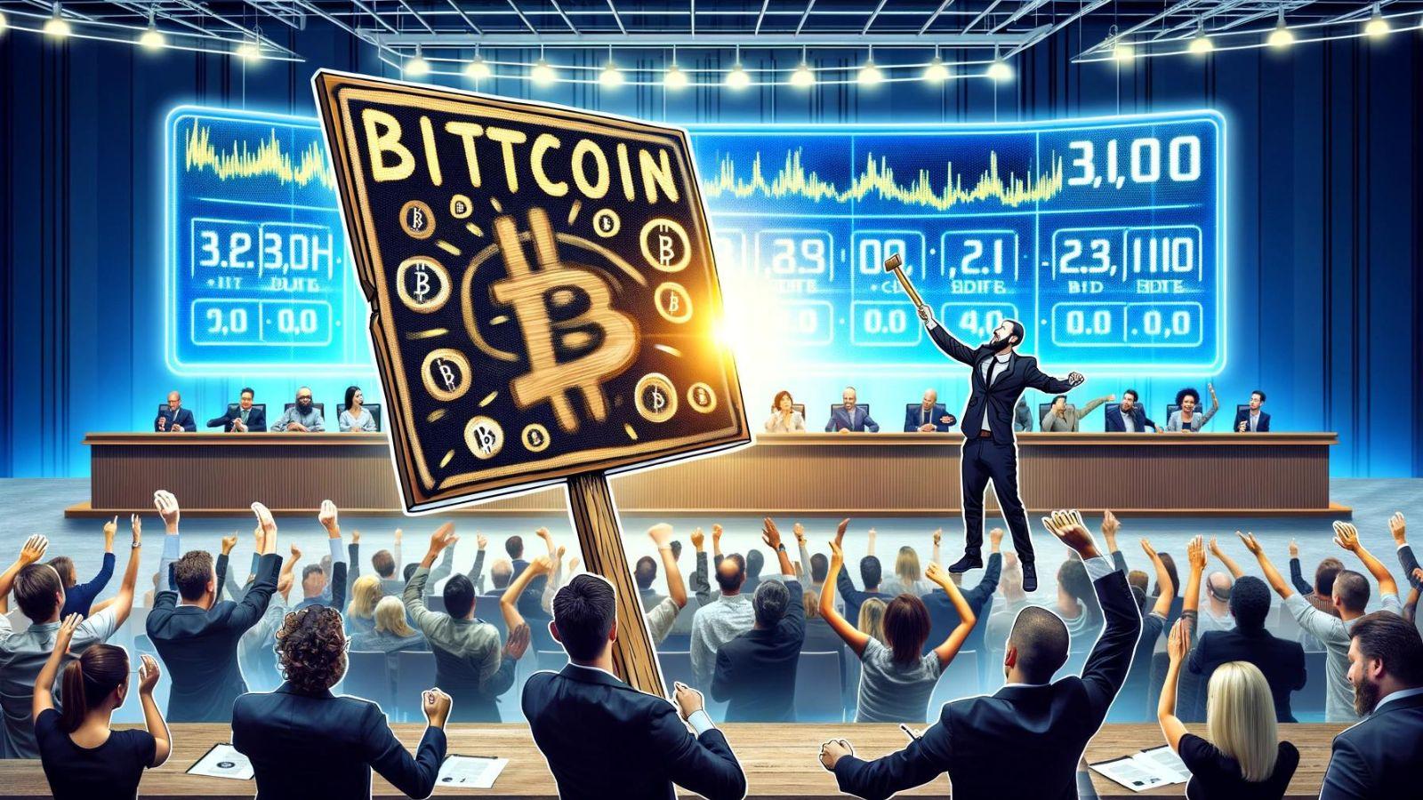 Bitcoin Sign Guy auctioning his sign in an auction room