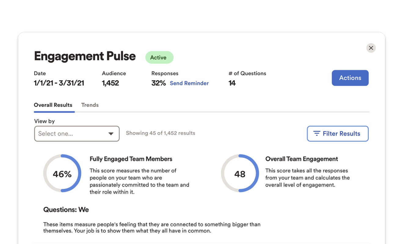 ADP displays a summary of the results from an engagement pulse survey.