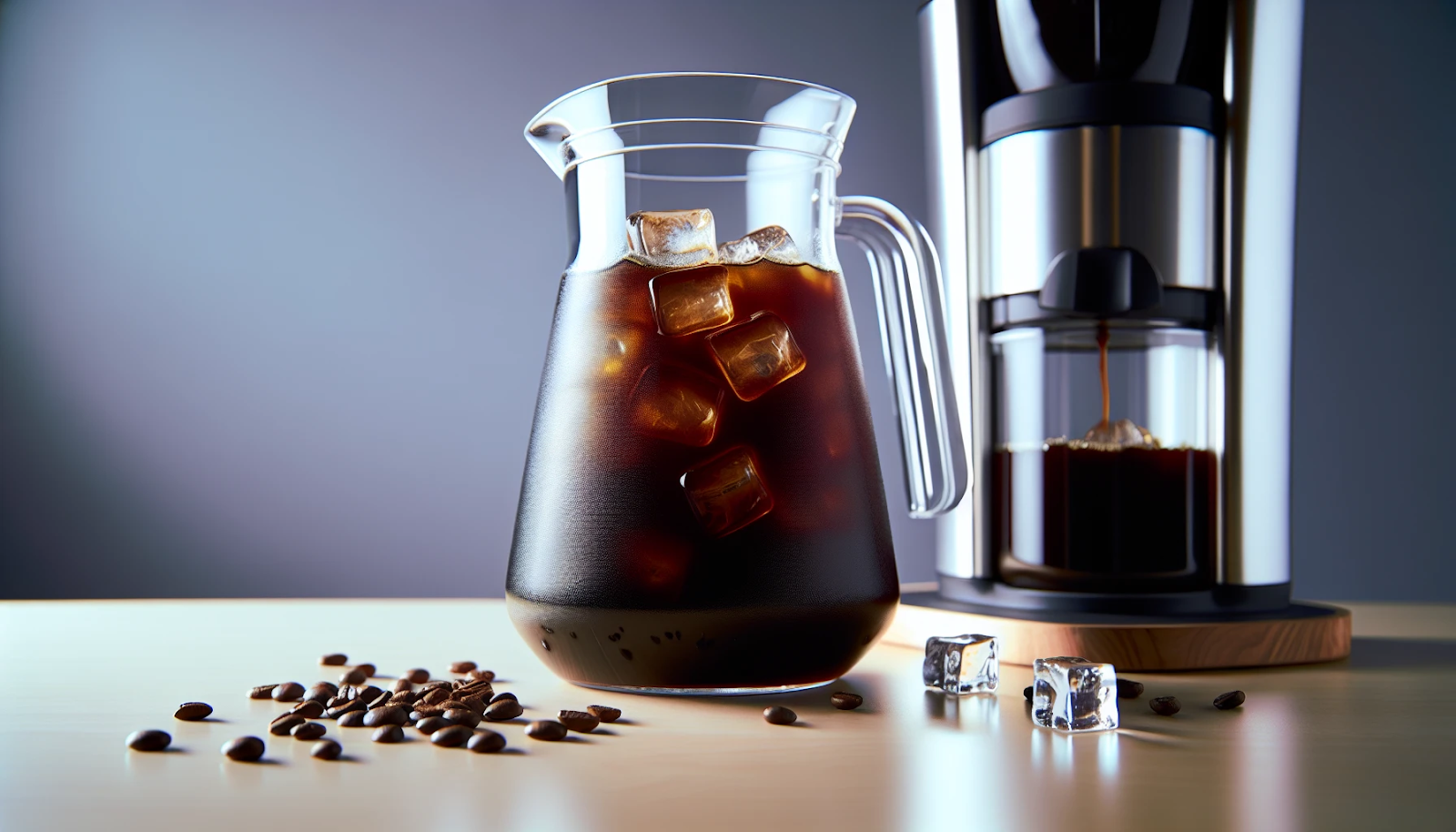 A glass pitcher filled with cold brew coffee and ice, symbolizing the lengthy process of cold brew coffee preparation