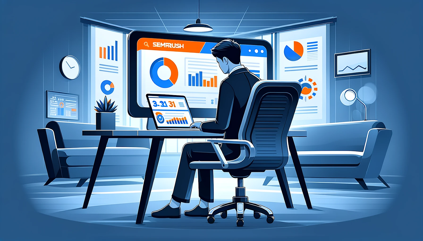 AI generated image showing a man using SEMRush analytics  