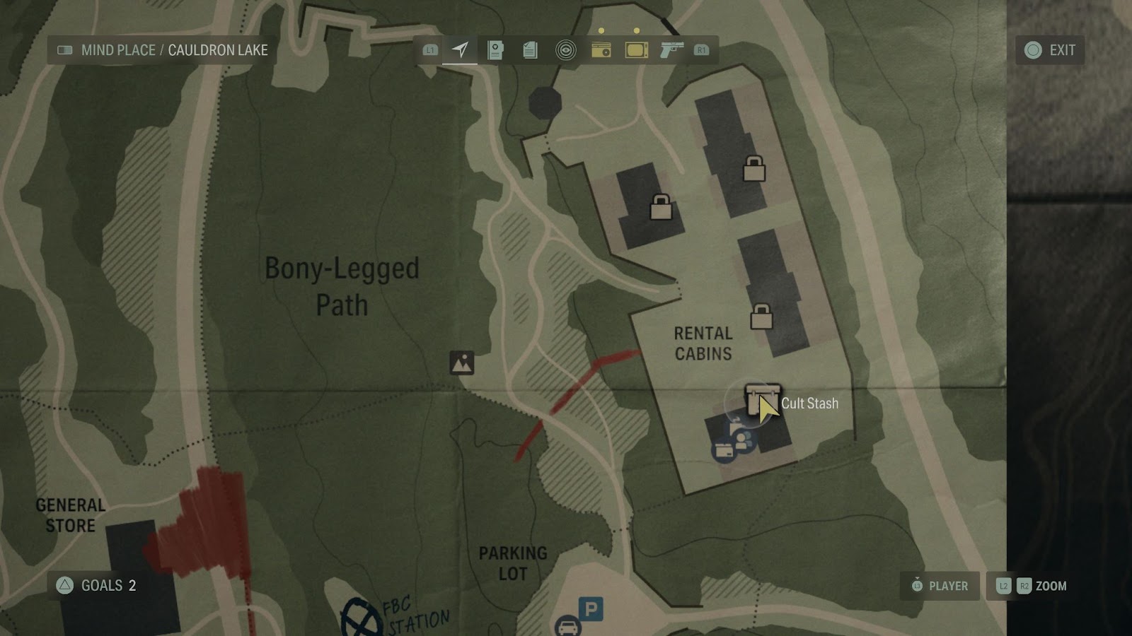 An in game screenshot of the rental cabins area in Cauldron Lake from Alan Wake 2