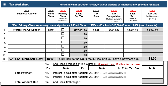 Picture of 2024 Business Tax Renewal Form Section 3