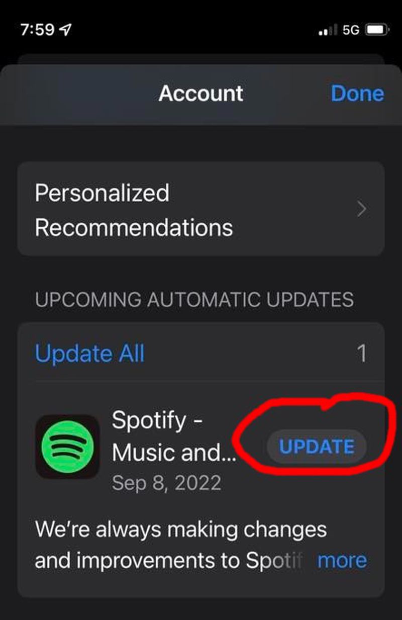 Alt=Upcoming automatic updates screenshot, with Spotify on the list, the Update button is highlighted in red