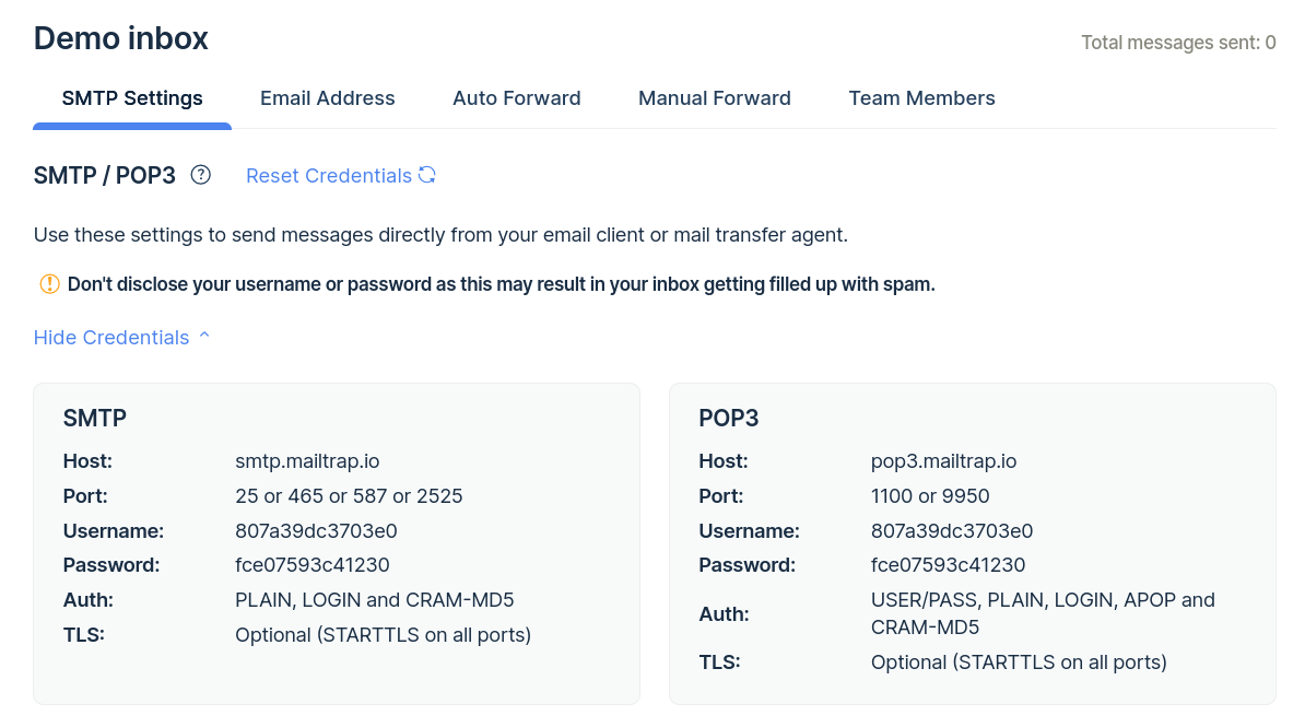 Configurações SMTP no Mailtrap Email Testing