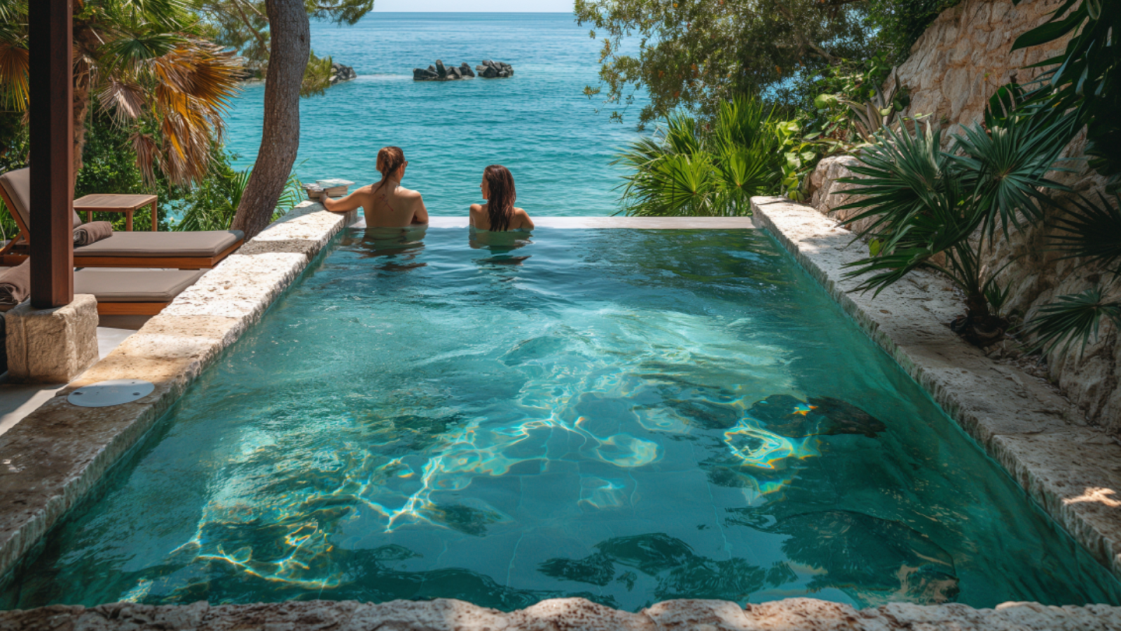A couple relaxing in a private pool at a luxury Croatian vacation rental, surrounded by lush greenery.