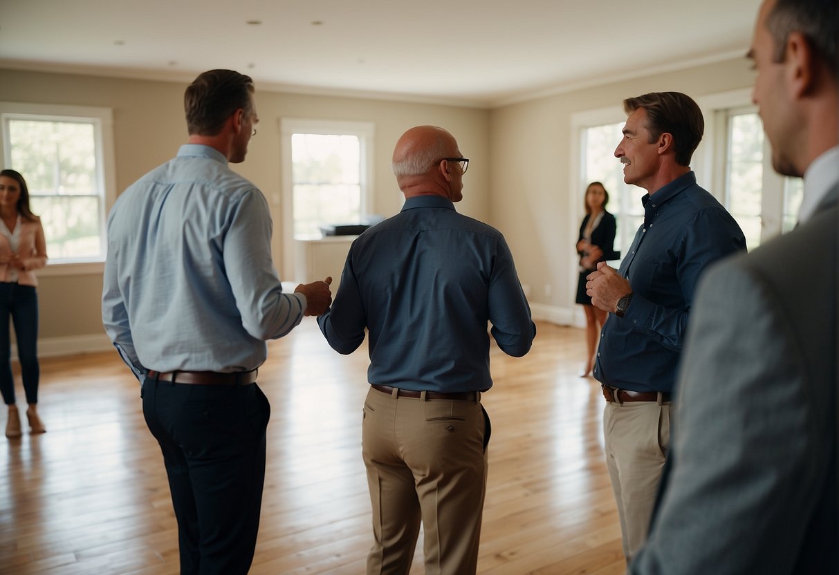 Potential buyers touring empty rooms, inspecting details, and discussing with agents at a quiet open house