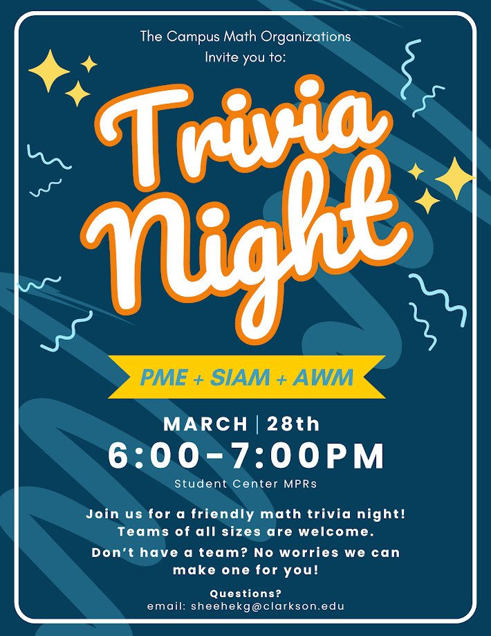 A flyer for the CU math club trivia night on march 28th, 2024