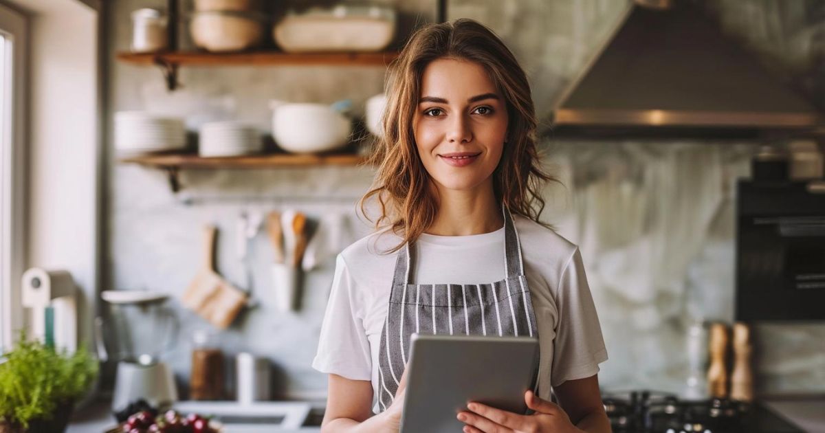 confident young personal chef woman holding ipad in the kitchen