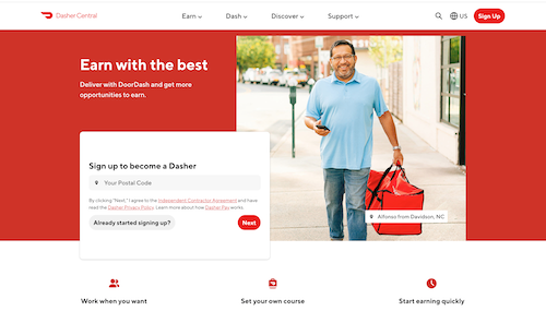 The DoorDash sign-up page showing a smiling Dasher carrying a delivery bag and his cell phone.