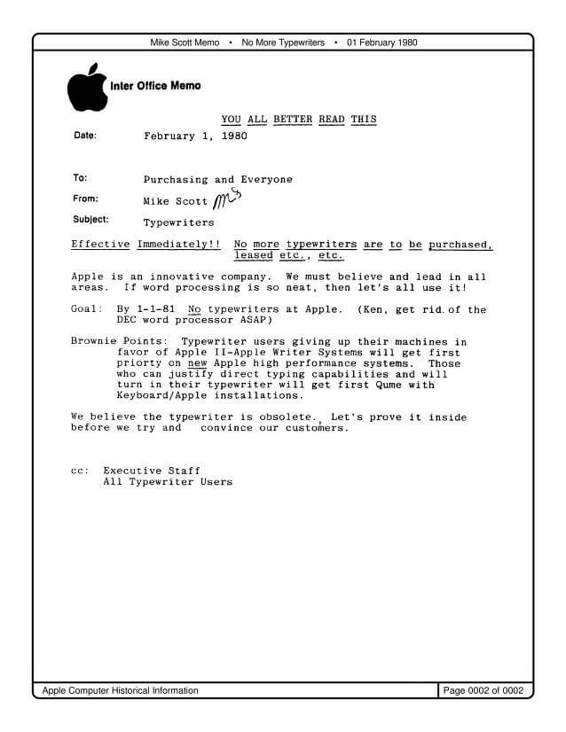 Apple 1981 Internal Memo by Mike Scott on Banning Typewriters