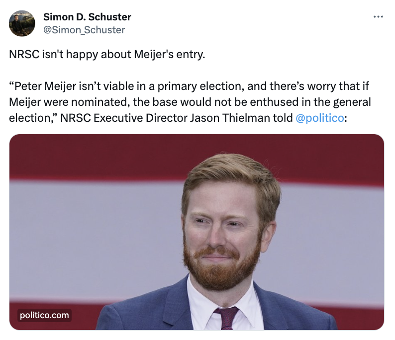 Simon Schuster tweet about the POLITICO article about NRSC's reaction to Peter Meijer's entrance into the Michigan Senate primary. 