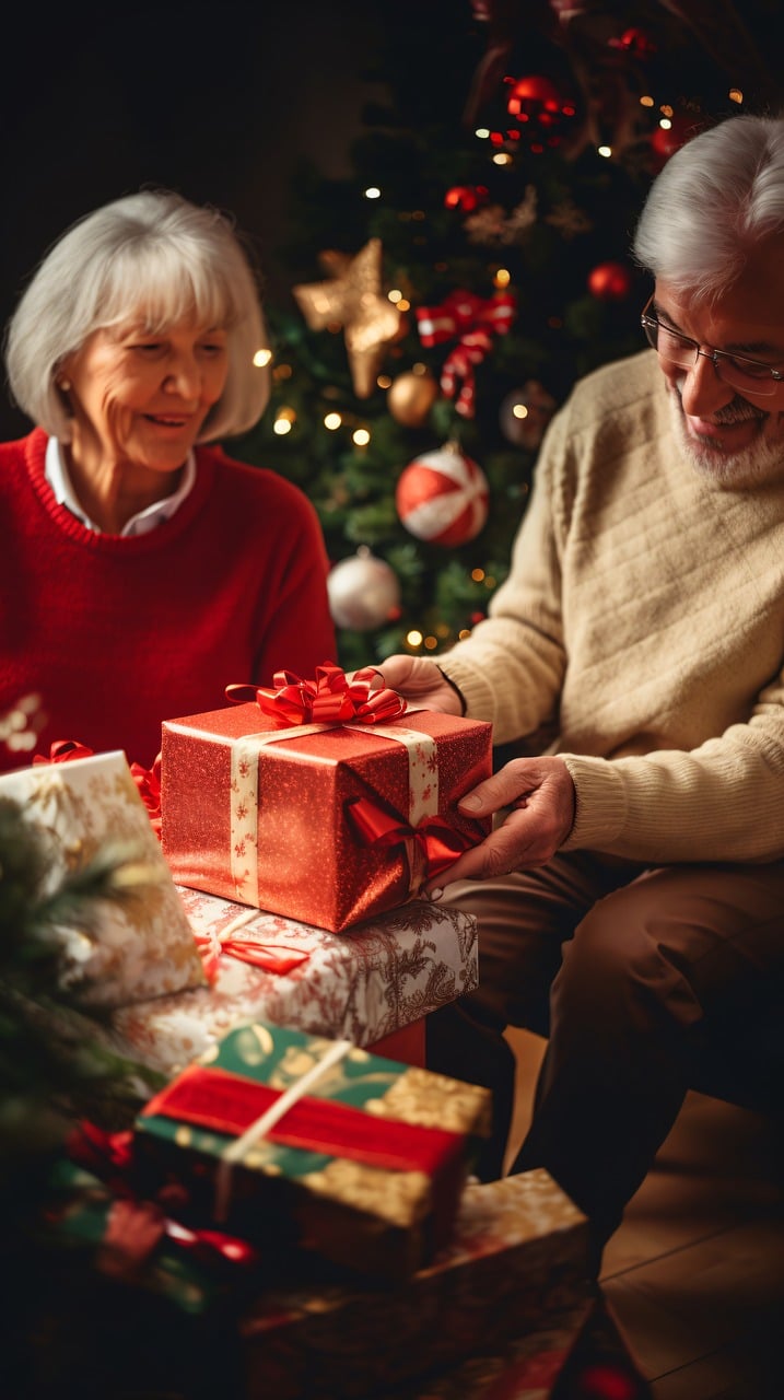 Alt Text: A woman in a red sweater and a man in a tan sweater looking at a pile of Christmas gifts