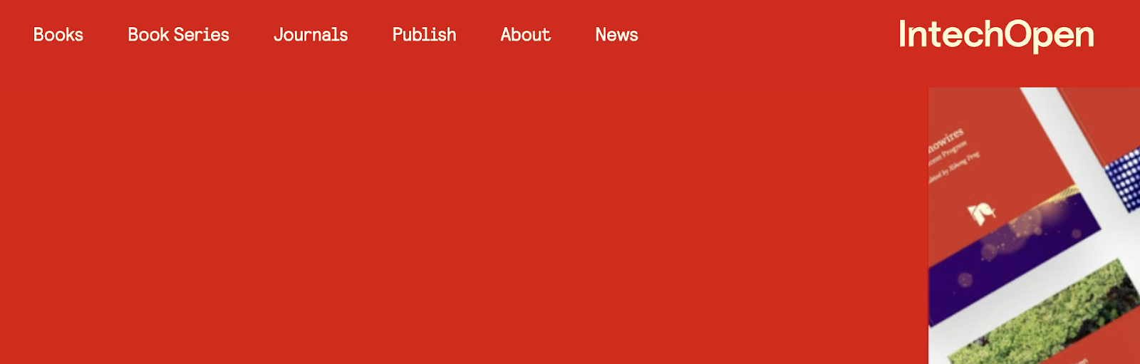 Screenshot of website. Lists from left to right Books, Book Series, Journals, Publish, About, and News. 

