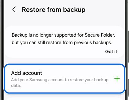 Add account option highlighted on the Restore from backup screen on a Galaxy phone