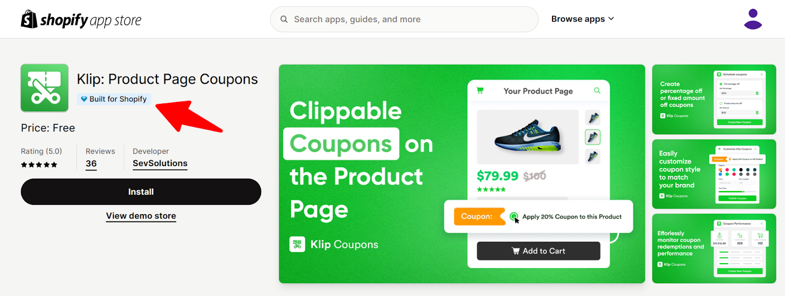 Showing the Built for Shopify Status on Klip Coupon's App Page on the Shopify App Store