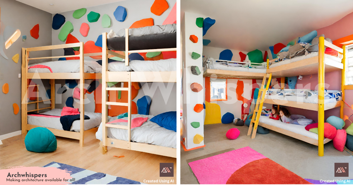 Child's Bedroom Featuring Bunk Beds & Colourful Rock Climbers on the Walls