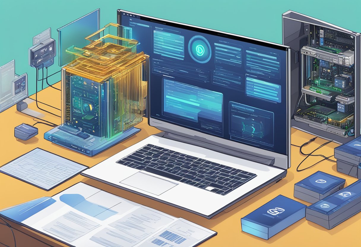 A computer with MSI motherboard and cryptocurrency mining software running, surrounded by FAQ documents on 4G memory usage